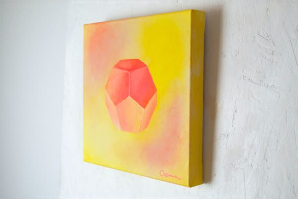 Spirituelle Kunst: Acrylbild auf Leinwand, pfirsichfarbener Dodekaeder vor gelb-rosa Hintergrund
