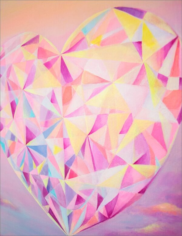 Spirituelle Kunst: Acrylbild auf Leinwand, Herzkristall vor Wolkenhimmel in lila, rosa, gelb Farben