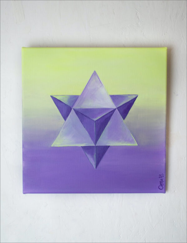 Spirituelle Kunst: Acrylbild auf Leinwand, heilige Geometrie, violette Merkaba vor gelb-violettem Hintergrund