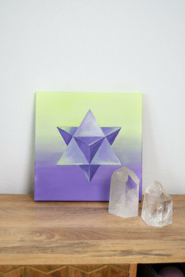 Spirituelle Kunst: Acrylbild auf Leinwand, heilige Geometrie, violette Merkaba vor gelb-violettem Hintergrund