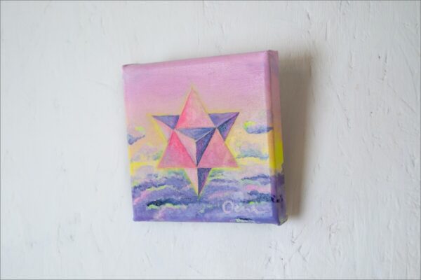 Spirituelle Kunst: Acrylbild auf Leinwand, heilige Geometrie, pink-violette Merkaba vor pink-violettem Wolkenhimmel Hintergrund