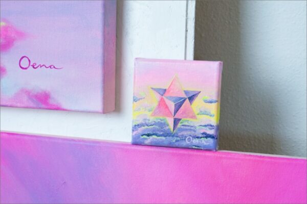 Spirituelle Kunst: Acrylbild auf Leinwand, heilige Geometrie, pink-violette Merkaba vor pink-violettem Wolkenhimmel Hintergrund
