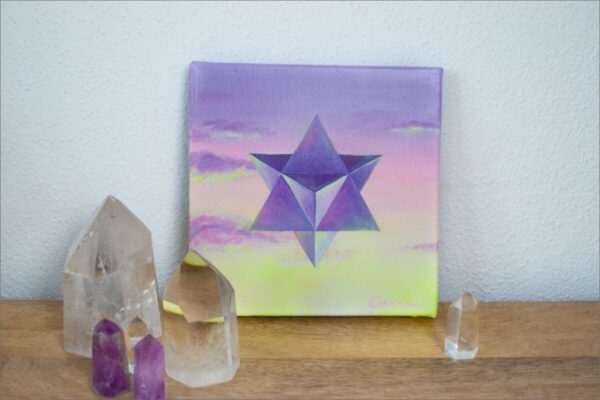 Spirituelle Kunst: Acrylbild auf Leinwand, heilige Geometrie, violette Merkaba vor violette-rosa-gelbem Himmel