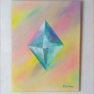 Spirituelle Kunst: Acrylbild auf Leinwand, heilige Geometrie, blau-grüner Oktaeder vor regenbogenfarbenem Hintergrund