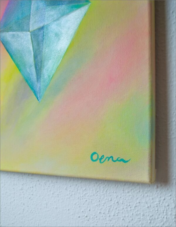 Spirituelle Kunst: Acrylbild auf Leinwand, heilige Geometrie, blau-grüner Oktaeder vor regenbogenfarbenem Hintergrund