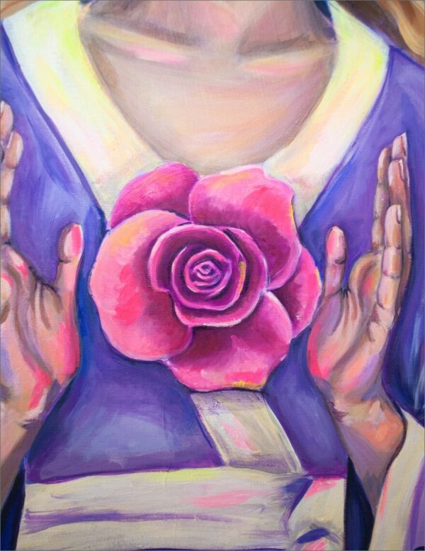 Spirituelle Kunst: Acrylbild auf Leinwand, weiblicher Engel im lila Gewand mit Rosenblüte in den Händen vor gelb-lila Hintergrund mit Strahlen