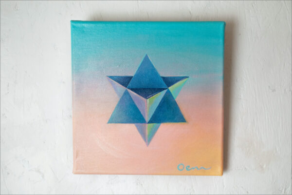 Spirituelle Kunst: Acrylbild auf Leinwand, blaue Merkaba vor blau-rosa Hintergrund