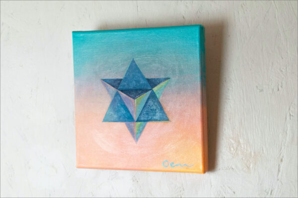 Spirituelle Kunst: Acrylbild auf Leinwand, blaue Merkaba vor blau-rosa Hintergrund
